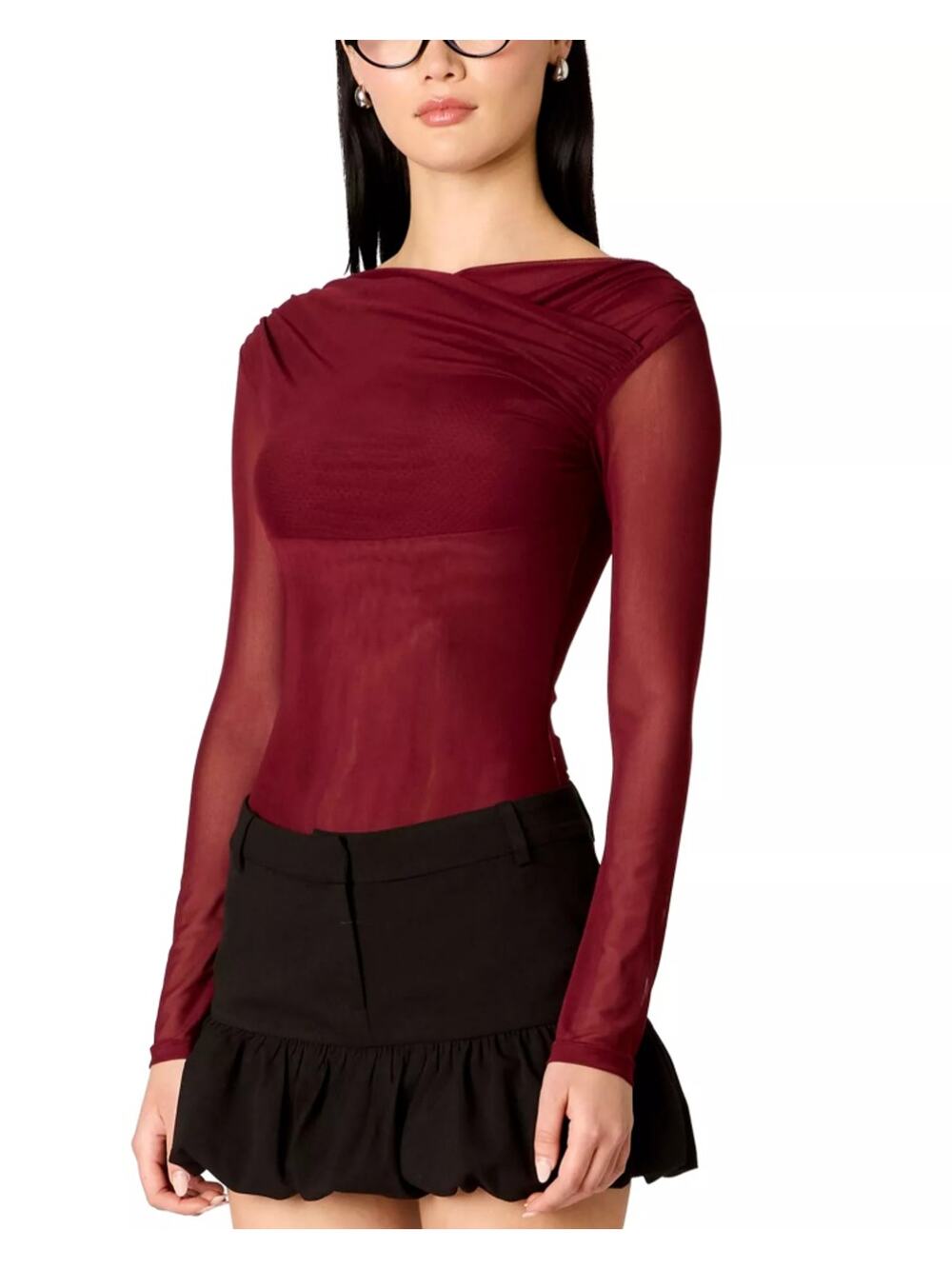 NIA Women Chianti Red Mesh Aria Long Sleeve Crossover Neck Slim Top Size M